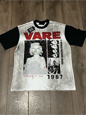 VARE Graphic Tee with Black Sleeves - White & Black with Red Accents